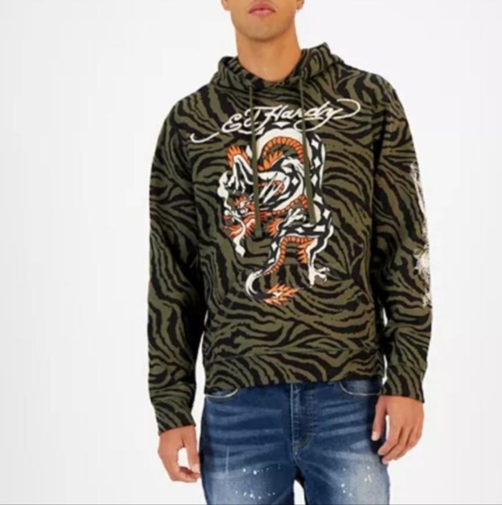 Men's ED Hardy Dragon Camo Zebra Graphic Hoodie